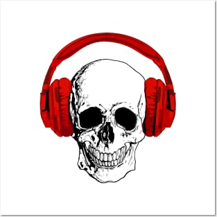 Skull with vintage red headphones Posters and Art